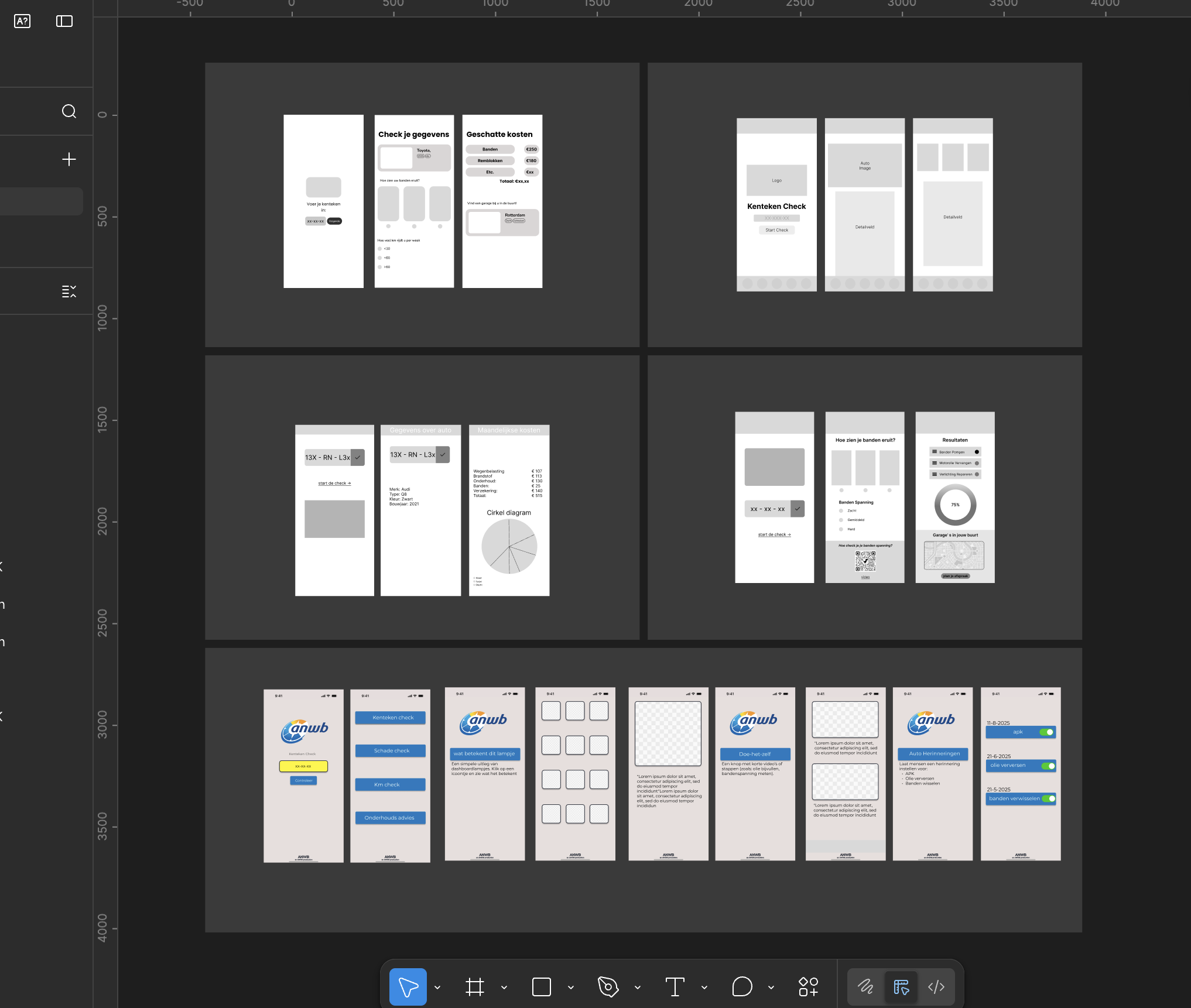 Mid-fidelity wireframes in Figma showing the check flow, vehicle data card, and result screens