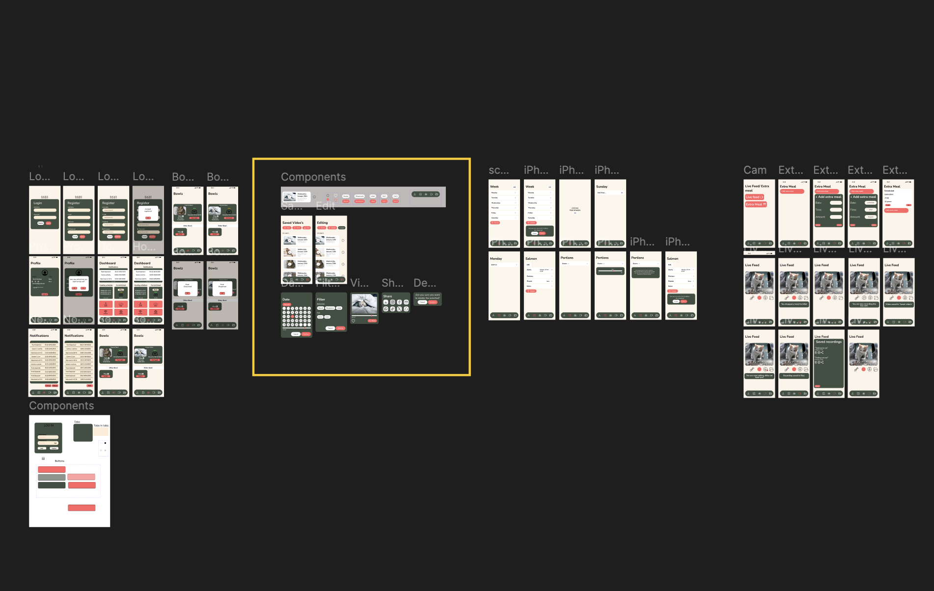 Figma overview of components and the second iteration of the app screens