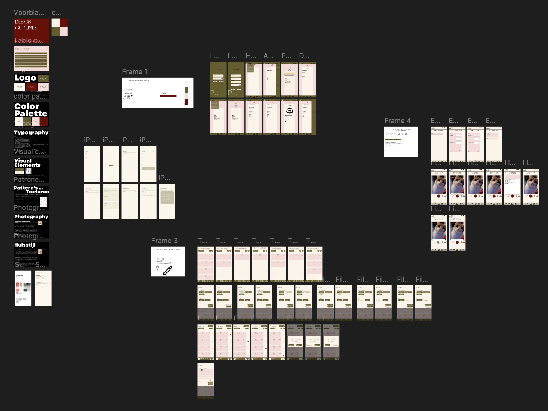 Figma canvas showing multiple iteration frames of the app from lo-fi to hi-fi