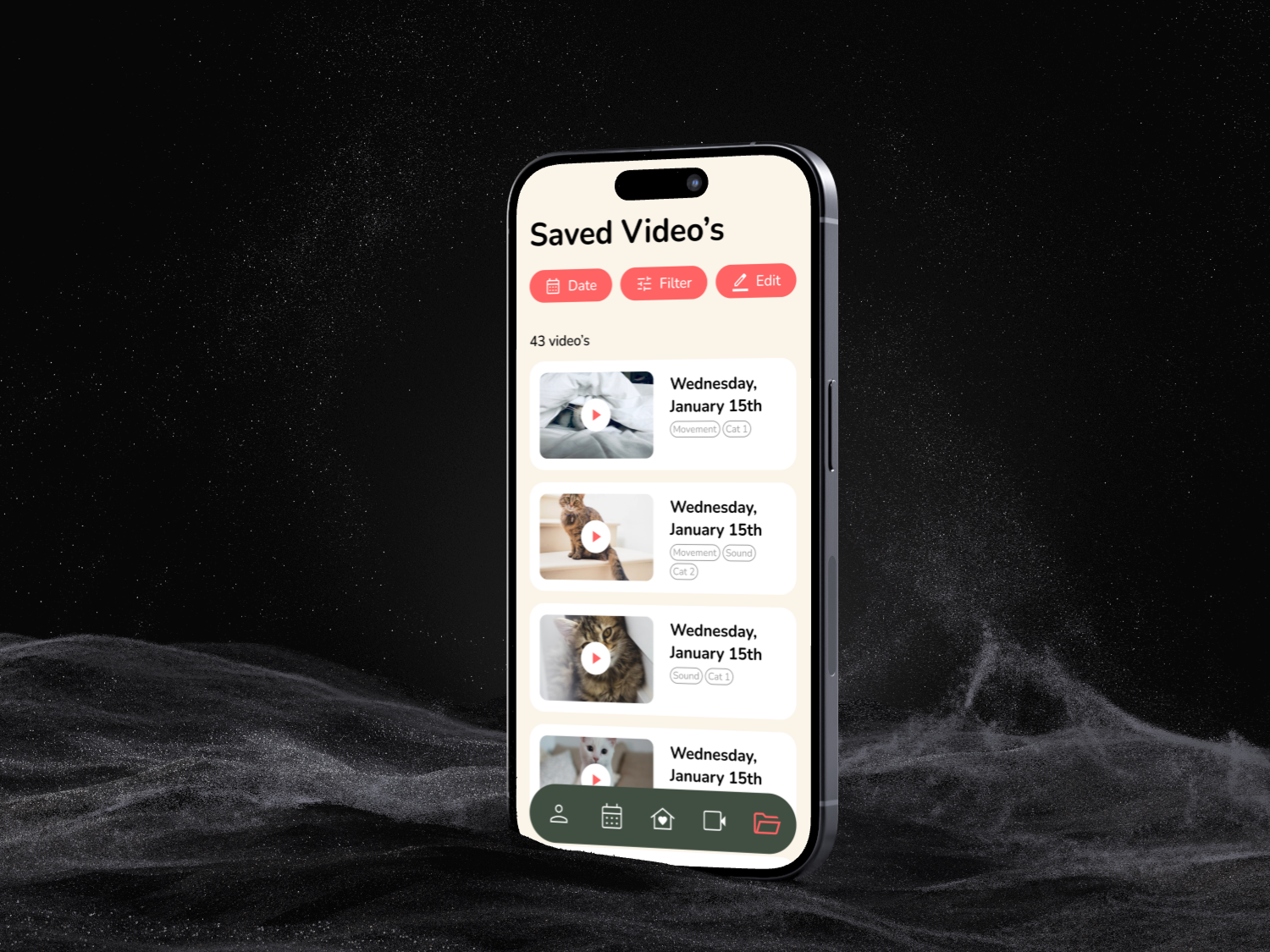 Cat-Feeder saved videos screen mockup
