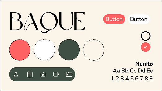 Baque style guide: logotype, salmon-pink and forest-green palette, button states, Nunito type sample